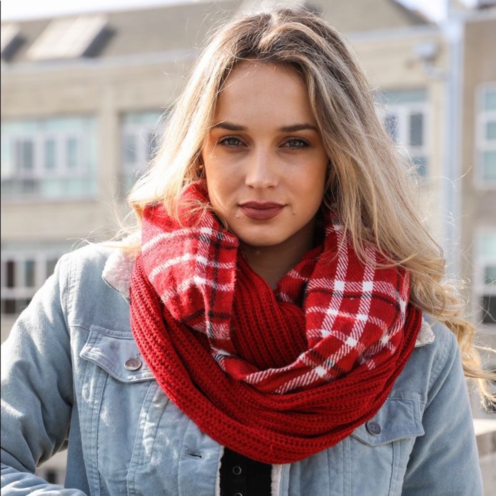 Plaid Ribbed Knit Infinity Scarf in Red
